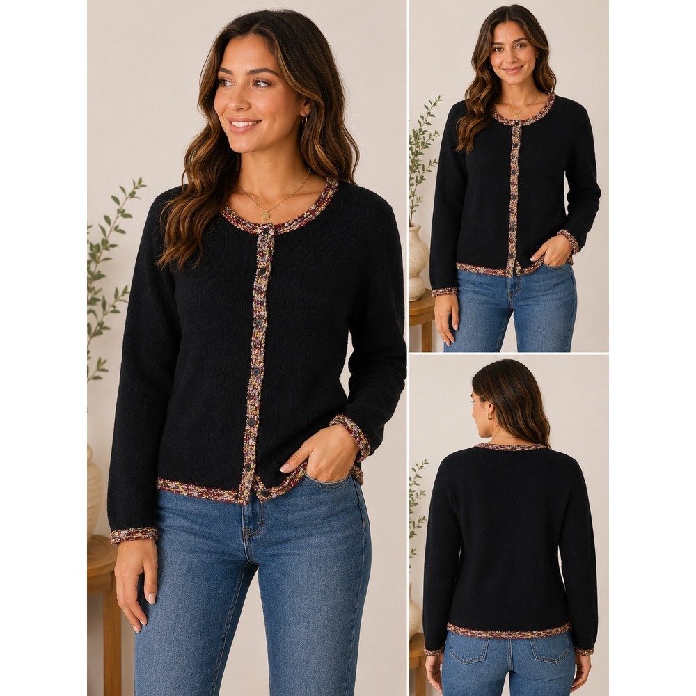 Vintage Christopher & Banks Womens M Black Cardigan Sweater Multicolor Trim 2005